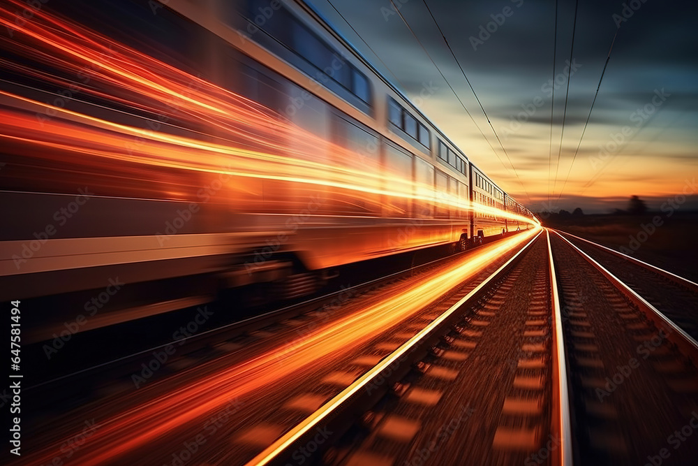Poster train passing by with long exposure trails of light and dynamic movement,