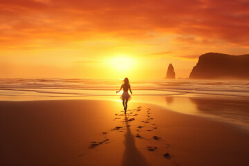 Obraz premium woman running on the beach at sunrise