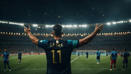 Panoramic photograph of a football player standing with his back with his arms raised and looking at the stands. Soccer World Cup