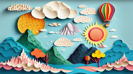 Summer mountain landscape. hot air balloons, clouds and birds. Paper cut out art digital craft style.