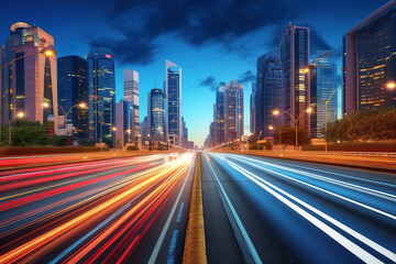 road in city with skyscrapers and car traffic light trails. infrastructure and transportation