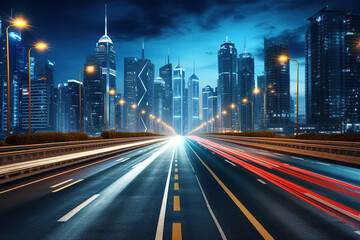 Fototapeta na wymiar road in city with skyscrapers and car traffic light trails. infrastructure and transportation