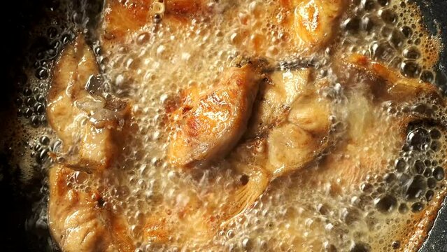 Frying chopped catfish  in pan , in door  Chiangmai  Thailand.
