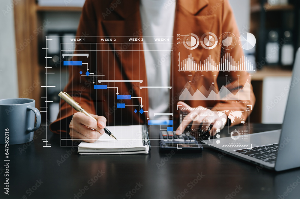 Poster businessman hand project manager working and update tasks and gantt chart scheduling virtual diagram