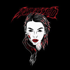 She is a woman with a piercing gaze and a bloodied torn face ,haunted grace