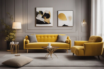Modern living room with yellow sofa gold armchair coffee table and paintings on wall