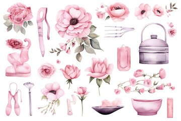 Pink pastel watercolor objects and decorations animals clip art Generative AI