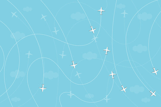 White planes, overlapping curved dotted lines and clouds. Travel and holiday travel patterns. Light blue background.