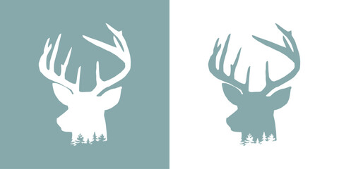 Paisaje navideño o de invierno. Silueta de cabeza de ciervo o reno con bosque de árboles tipo pino o abeto en espacio negativo