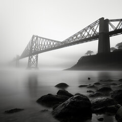 Photograph of the Forth Road Bridge in Edinburgh in the fog in black and white
