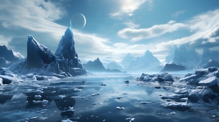 The winter landscape consisting of icebergs, crystal formations and frozen trees gives the feel of an unexplored planet. - obrazy, fototapety, plakaty