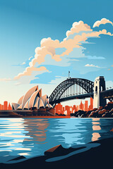 Obraz premium Duotone basic pop art vintage style travel poster of the Sydney Opera House and Harbour Bridge with a city highrise background in Australia.