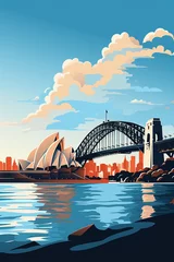 Fotobehang Duotone basic pop art vintage style travel poster of the Sydney Opera House and Harbour Bridge with a city highrise background in Australia. © Inge
