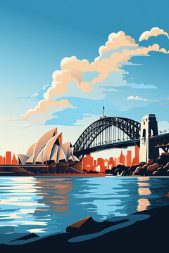 Duotone basic pop art vintage style travel poster of the Sydney Opera House and Harbour Bridge with a city highrise background in Australia.