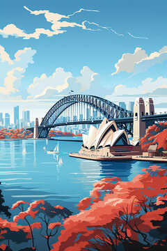 Duotone basic pop art vintage style travel poster of the Sydney Opera House and Harbour Bridge with a city highrise background in Australia.