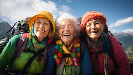 Close-up of Three Elderly Women Very Happy Backpackers