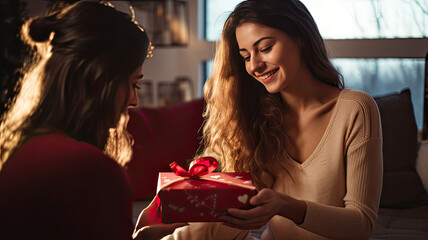 A woman giving a gift to another woman