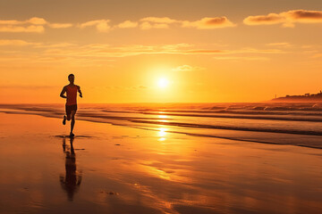 Man running on the beach at sunrise