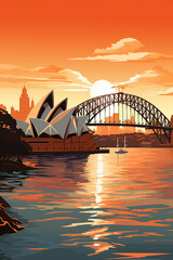 Fototapeta premium Duotone basic pop art vintage style travel poster of the Sydney Opera House and Harbour Bridge with a city highrise background in Australia.