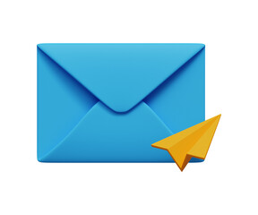 3D email subscription icon. Online communication and marketing concept. Envelope icon with origami paper airplane. 3d illustration