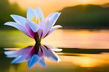 Produce a picture of a Lily in full bloom, adorned with dewdrops that glisten like diamonds in the morning light