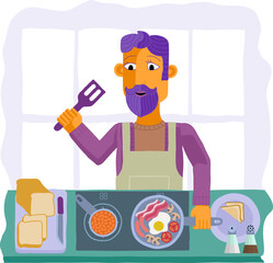 Food scene of a man cooking or preparing a full English fried breakfast in a kitchen. In an abstract cubist flat modern cartoon style