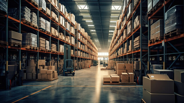 Warehouse Rows of shelves with boxes. Logistics. Inventory control, order fulfillment