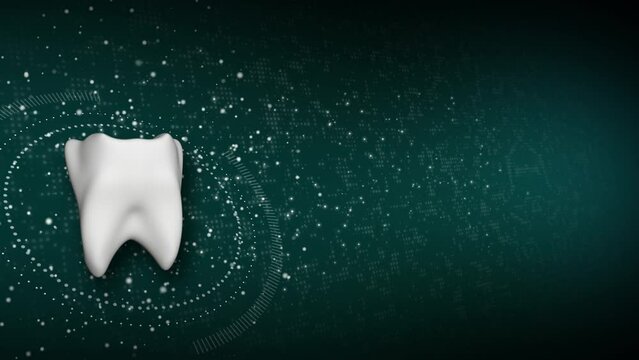 Green medical dental background with 3d tooth. Technical animation of particles and HUD element. Looped motion graphics.