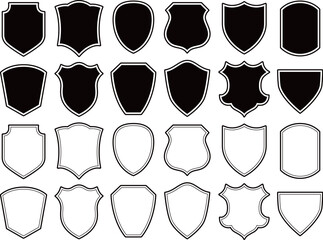 Set of Badge templates in vintage style. Black patch silhouettes. Police badge, shield, labels. Isolated on white background
