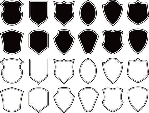 Set of shield shapes. Badge, crest and icon of security. Blank black banner and emblem for coat of safety service or police