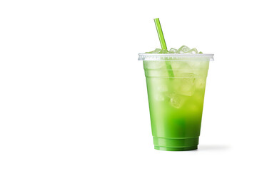 Green drink in a plastic cup isolated on a white background. Take away drinks concept with copy space