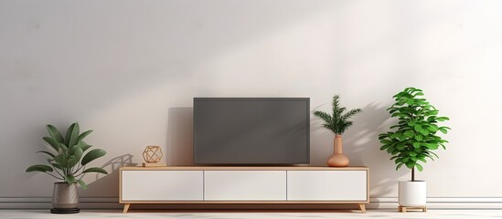 a modern living room with a white wall background featuring a television cabinet sofa and plant