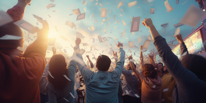  excitement lottery event with captivating,celebrating their wins,people eagerly checking their lottery tickets, experiencing the anticipation,symbolizing the allure of chance and dreams coming true