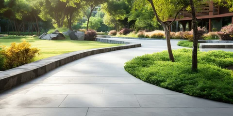  Walkway and landscape in garden, park. Also called path, footpath, pathway or concrete pavement floor. Include natural plant, flower, bush, lawn and grass. Landscaping design idea for outdoor. © DifferR
