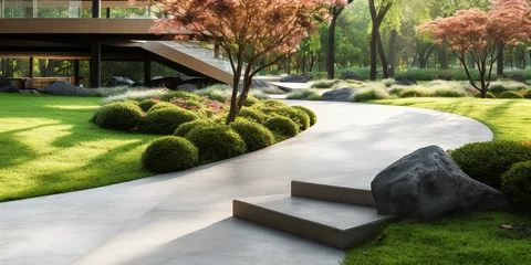 Tuinposter Walkway and landscape in garden, park. Also called path, footpath, pathway or concrete pavement floor. Include natural plant, flower, bush, lawn and grass. Landscaping design idea for outdoor. © DifferR