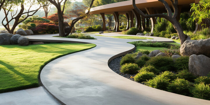 Walkway and landscape in garden, park. Also called path, footpath, pathway or concrete pavement floor. Include natural plant, flower, bush, lawn and grass. Landscaping design idea for outdoor.