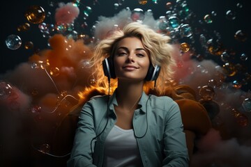 Woman multitasking with ease using headphones during a video conference on a gray background, Generative AI