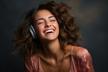 Fototapeta premium Woman with a playful grin listening to a funny podcast through headphones on a gray background, Generative AI 