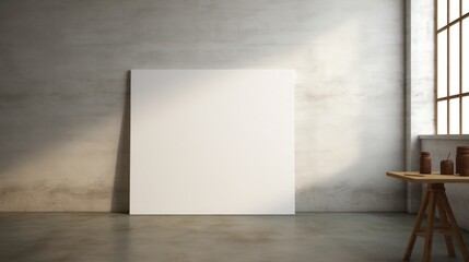 3D illustration of blank white canvas in a loft studio.