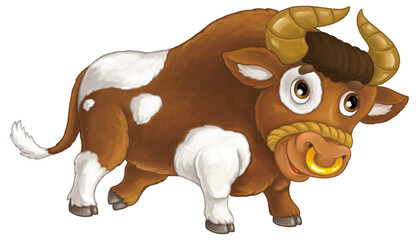 Cartoon scene farm animal bull is standing looking and smiling illustration for children
