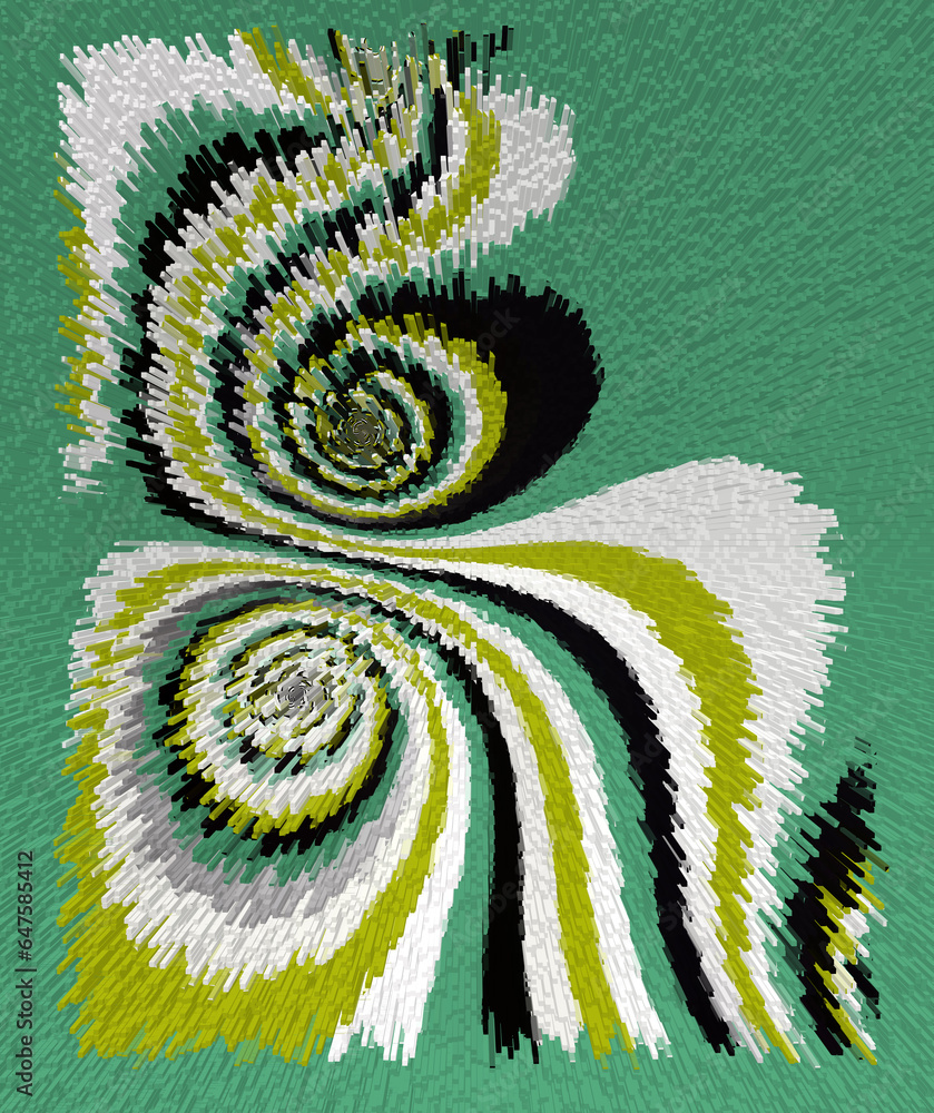 Poster shades of green curled curved shapes on a dark green background in exploding style
