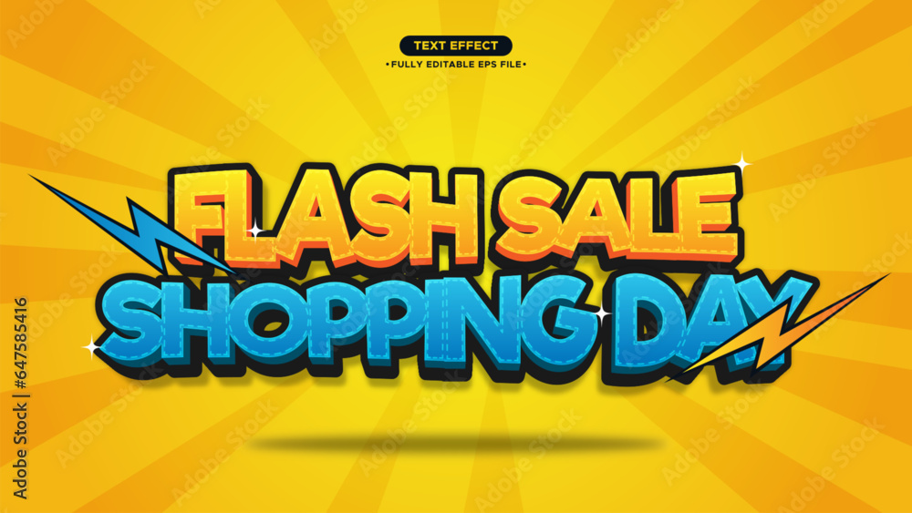 Poster flash sale and shopping day vector text effect. yellow and blue color text. fully editable font and 