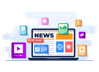 Online news mobile application flat illustration vector template, Online news article, News webpage, Online mass media on laptop screen, Internet newsletter - obrazy, fototapety, plakaty