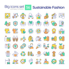 2D editable multicolor big line icons set representing sustainable fashion, isolated vector, linear illustration.