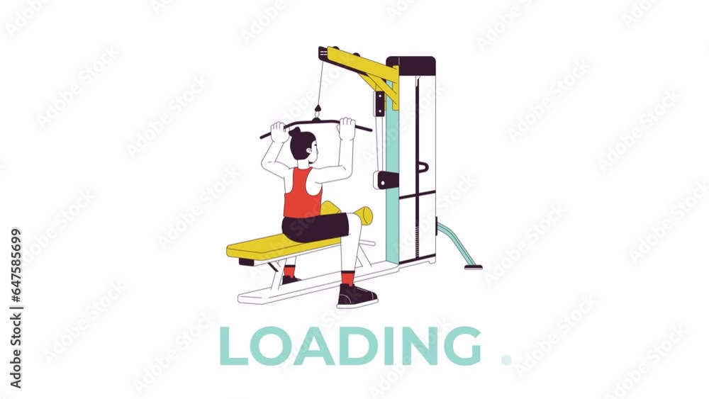 Poster muscle building with lat pulldown machine line 2d loading animation. man dragging bar down animated 