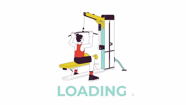 Muscle building with lat pulldown machine line 2D loading animation. Man dragging bar down animated cartoon linear character 4K video loader motion graphic. Back exercises download process gif