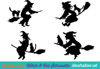 Halloween silhouette vector illustration element set of spooky flying wicked witch with cat on a broom. collection of background design material