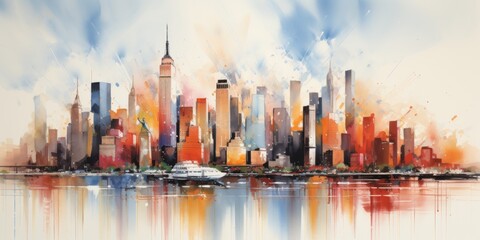 Abstract New York city panorama view in painting style, Wall art poster with american city