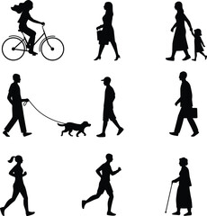Vector Silhouettes of people going about their business, walking or exercising, jogging