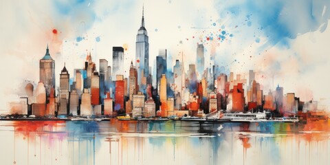 Abstract New York city panorama view in painting style, Wall art poster with american city - obrazy, fototapety, plakaty